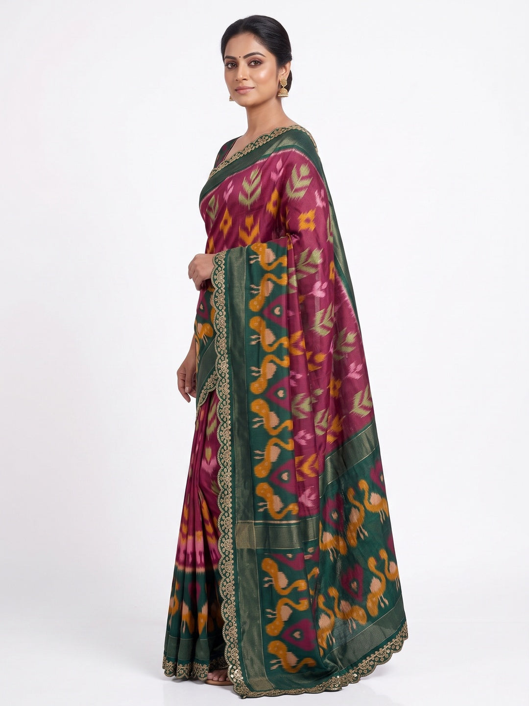 Wine & Green Ikkat Printed Dola Silk Saree With Sequins Embroidered Border - Image 3