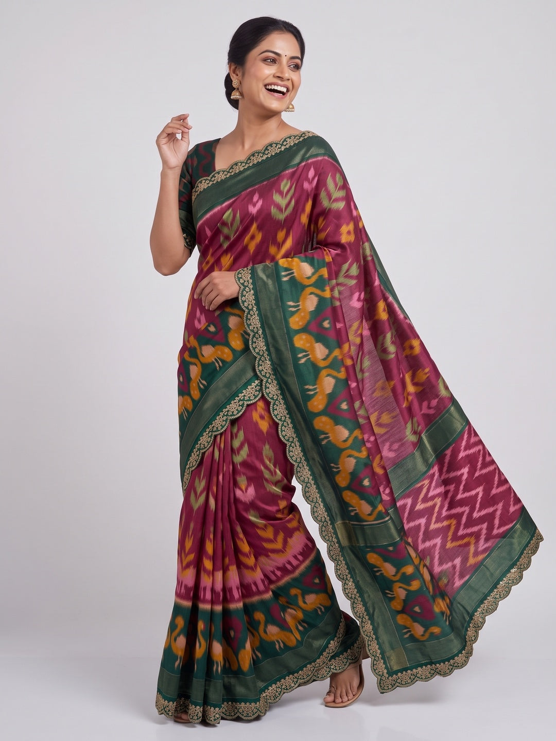Wine & Green Ikkat Printed Dola Silk Saree With Sequins Embroidered Border - Image 4