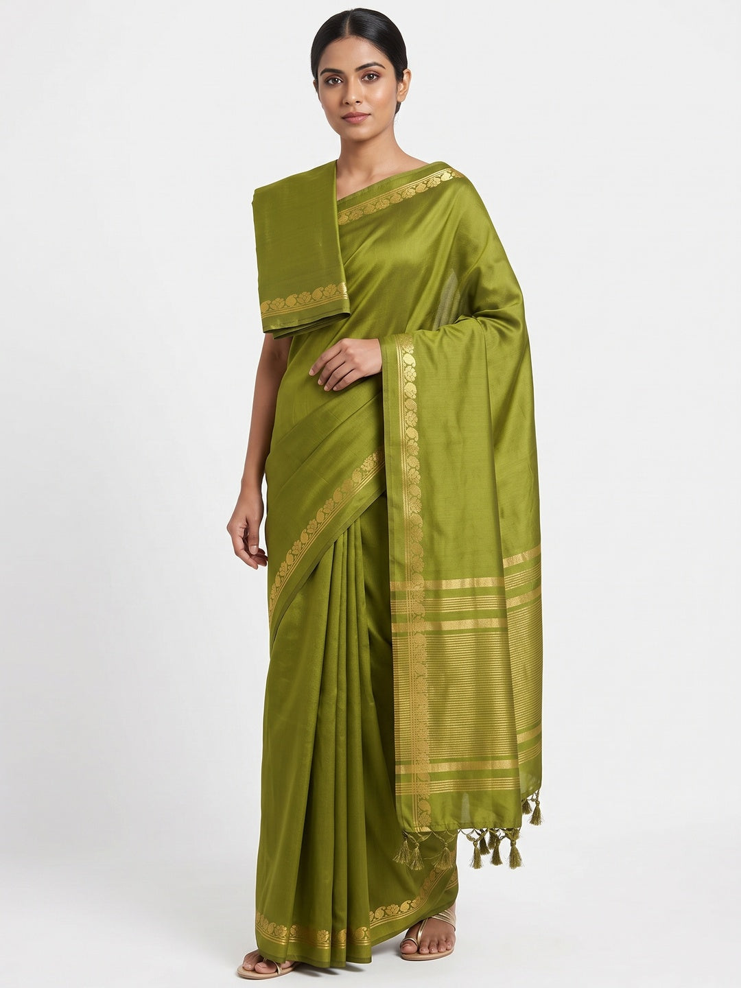 Classic Green Solid Weaving Mysore Silk Saree Accented With Floral Border & Tassel Pallu - Image 1