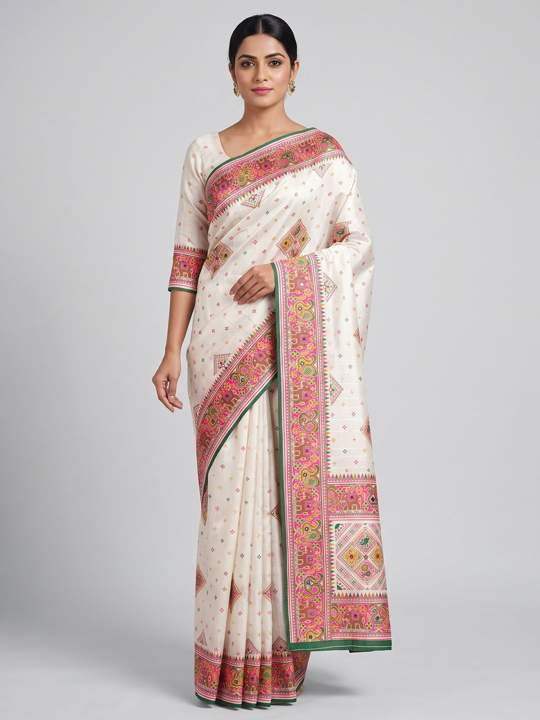 White Floral Printed Cotton Silk Patola Saree - Image 1