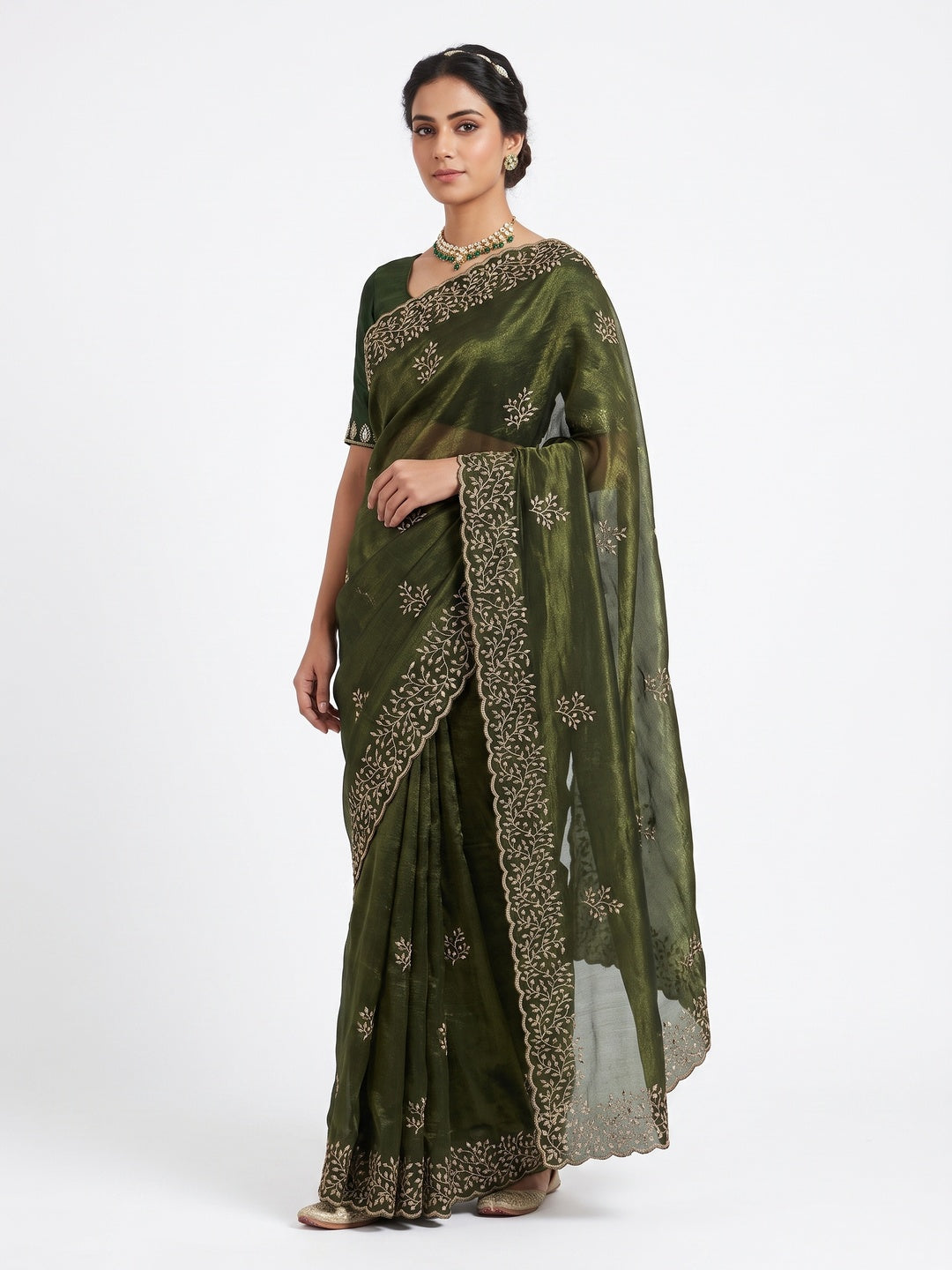 Mehendi Green Sequins Embroidered Shimmer Silk Saree - Image 1