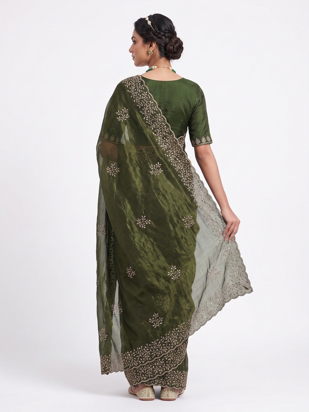 Mehendi Green Sequins Embroidered Shimmer Silk Saree - Image 2