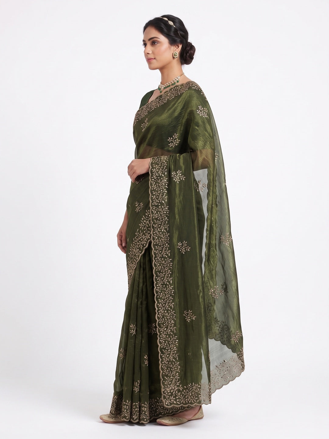 Mehendi Green Sequins Embroidered Shimmer Silk Saree - Image 3