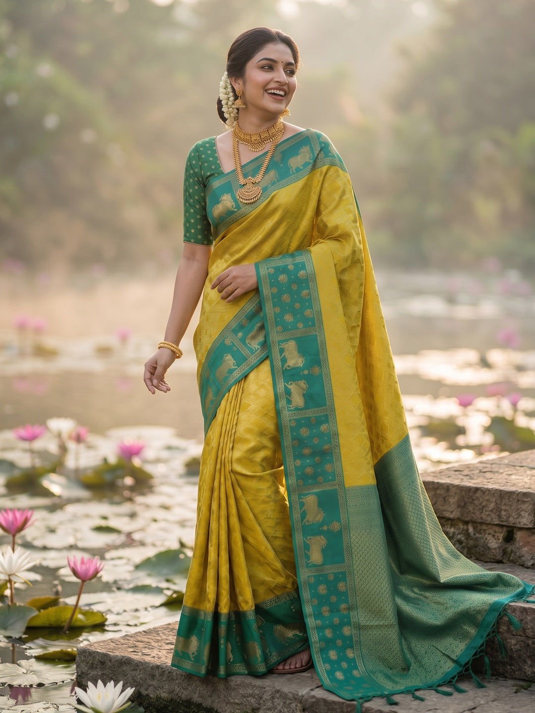 Classic Mustard Zari Woven Kanjivaram Silk Saree With Detailed Animal Motif Border & Tassel Pallu - Image 7