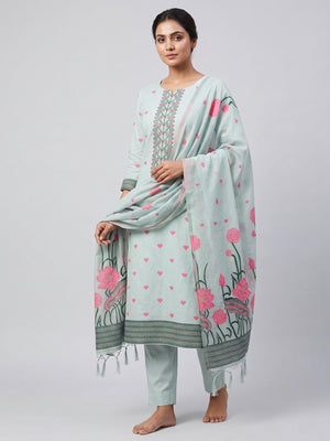 Grey Ethnic Dress Material Showcasing Handloom Style Floral Zari Weaving - Image 1