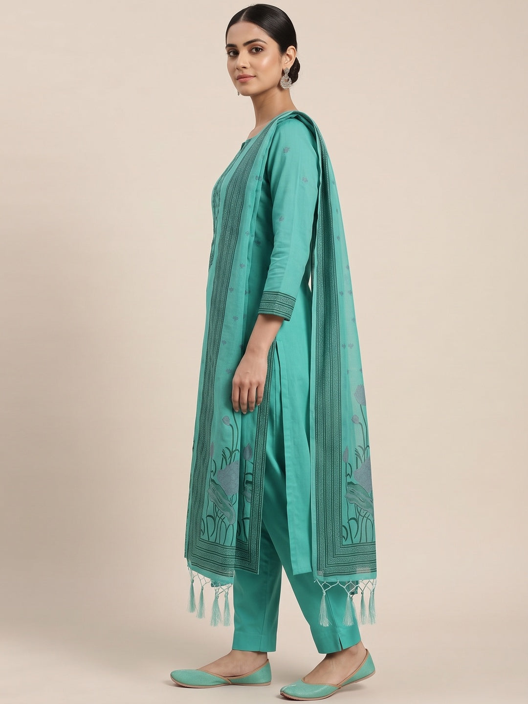 Sea Green Ethnic Dress Material Showcasing Handloom Style Floral Zari Weaving - Image 2