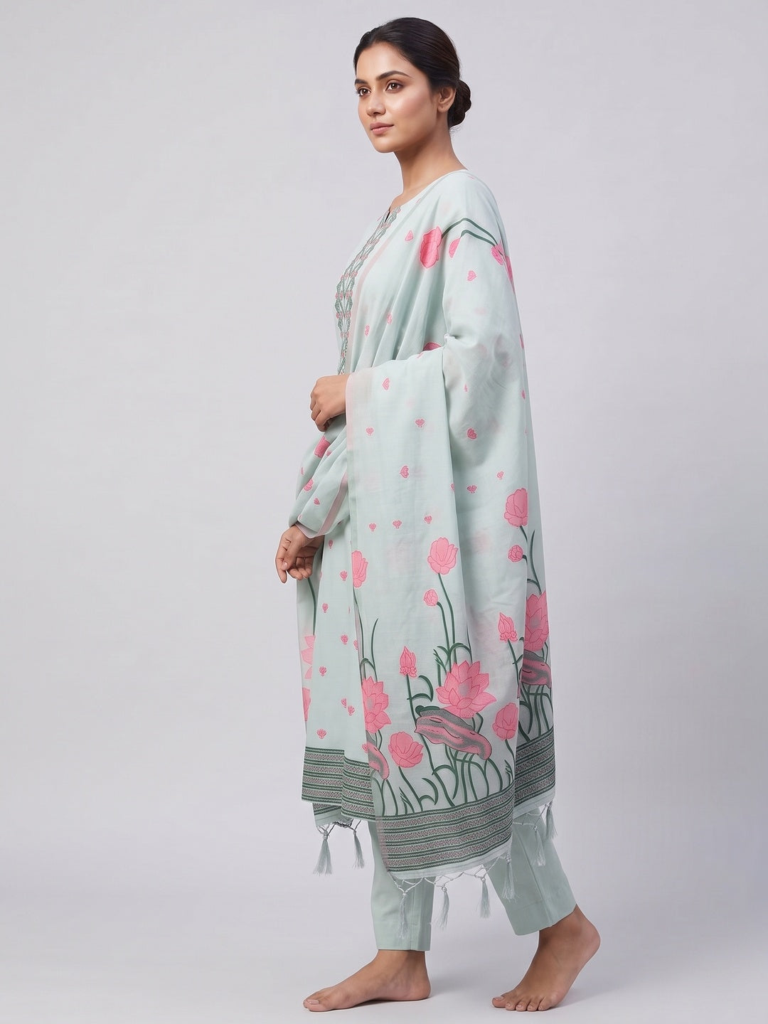 Grey Ethnic Dress Material Showcasing Handloom Style Floral Zari Weaving - Image 3