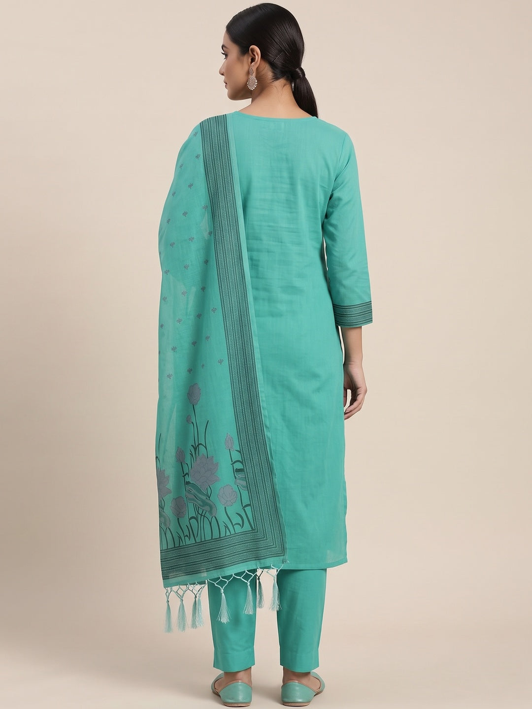 Sea Green Ethnic Dress Material Showcasing Handloom Style Floral Zari Weaving - Image 3
