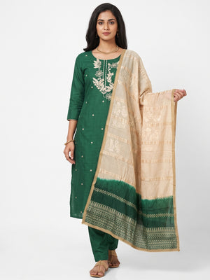 Green Cotton Blend Dress Material Adorned With Elegant Floral Embroidery & Sequins Detailing - Image 1
