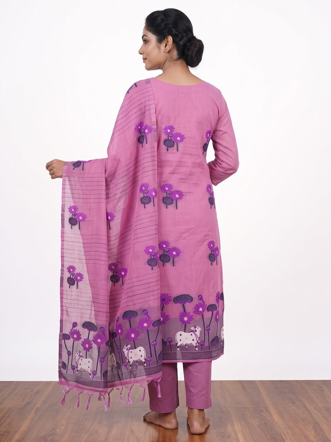 Pink Cotton Blend Dress Material With Intricate Floral Zari Weaving Detail - Image 2