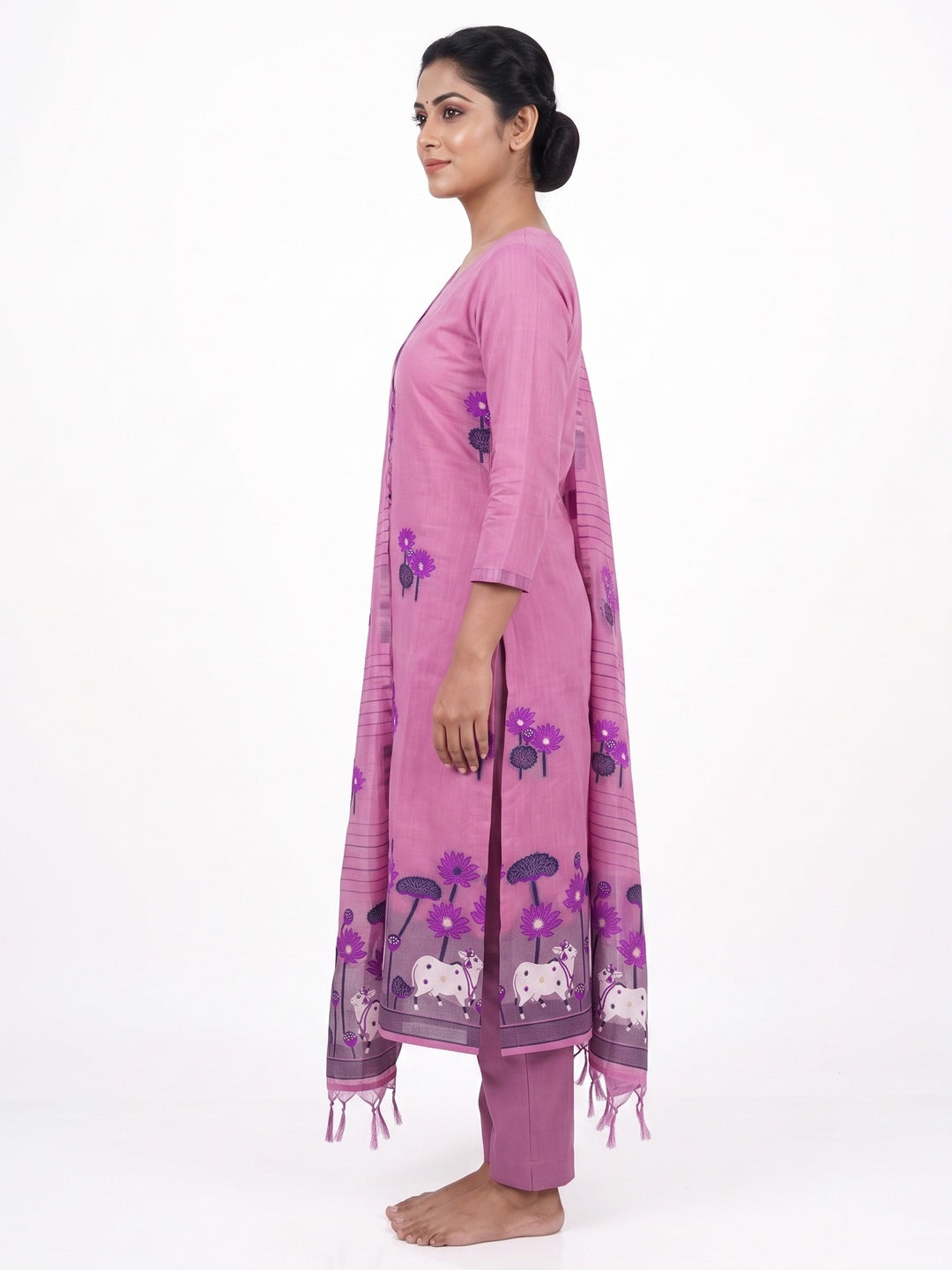Pink Cotton Blend Dress Material With Intricate Floral Zari Weaving Detail - Image 3