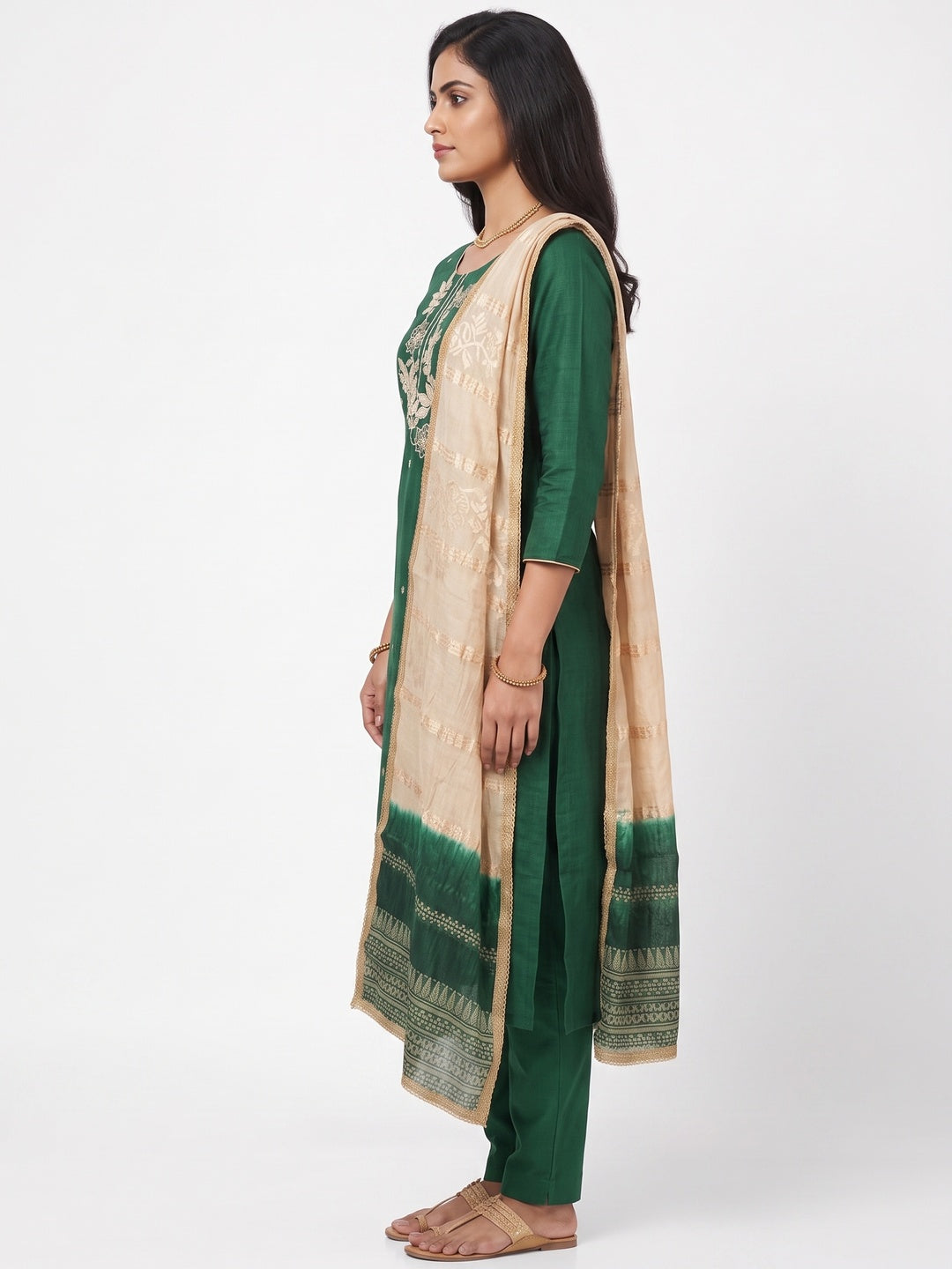 Green Cotton Blend Dress Material Adorned With Elegant Floral Embroidery & Sequins Detailing - Image 3