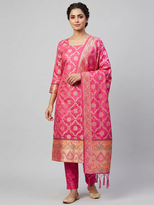 Pink Zari Woven Banarasi Silk Dress Material With Elegant Floral Motifs - Image 2