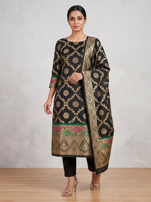 Black Zari Woven Banarasi Silk Dress Material With Elegant Floral Motifs - Image 1