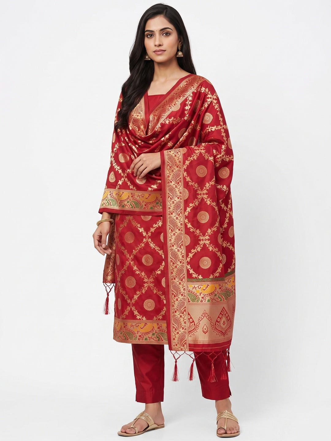 Red Zari Woven Banarasi Silk Dress Material With Elegant Floral Motifs - Image 1