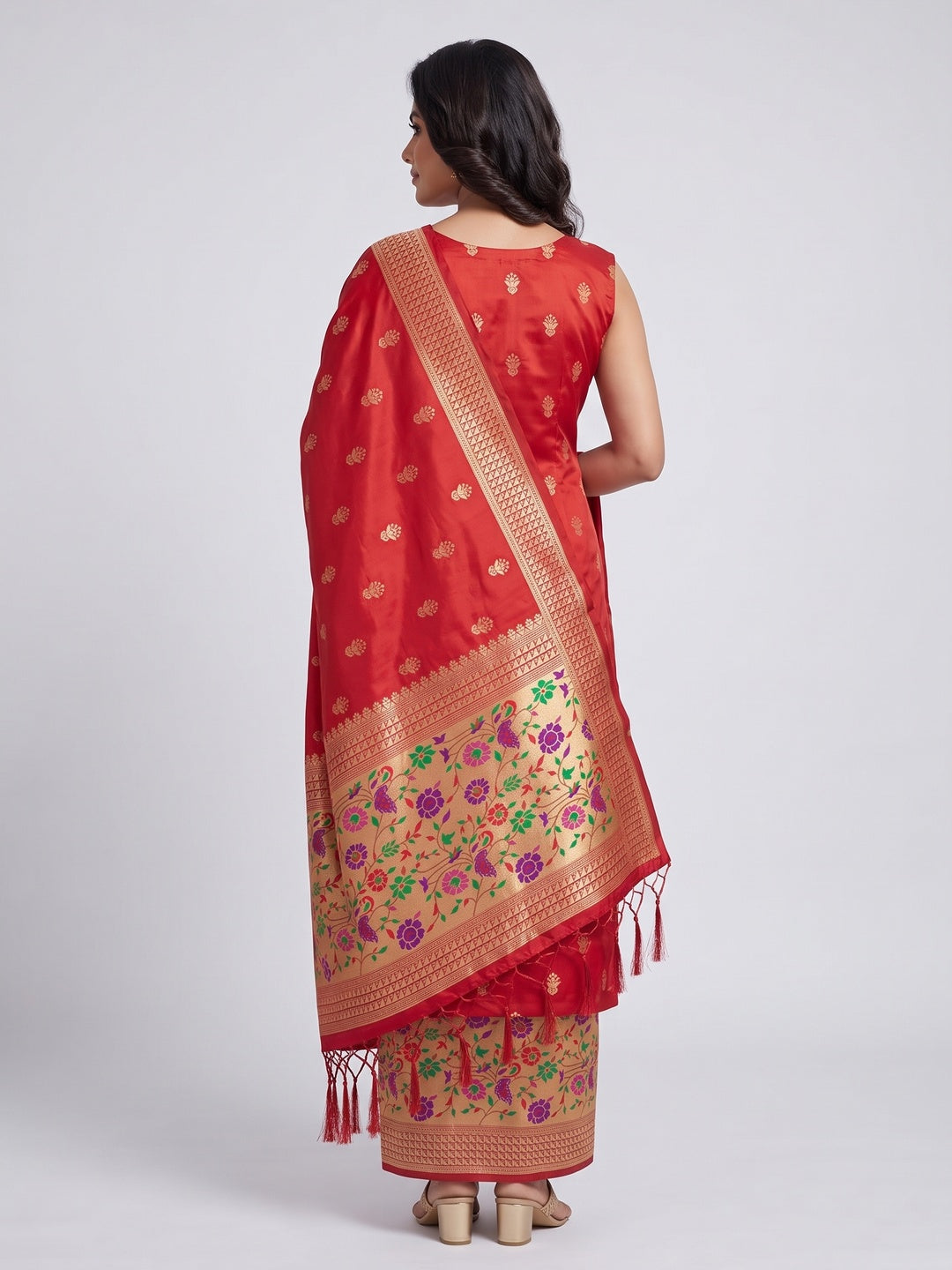 Red Floral Zari Woven Banarasi Silk Dress Material - Image 3