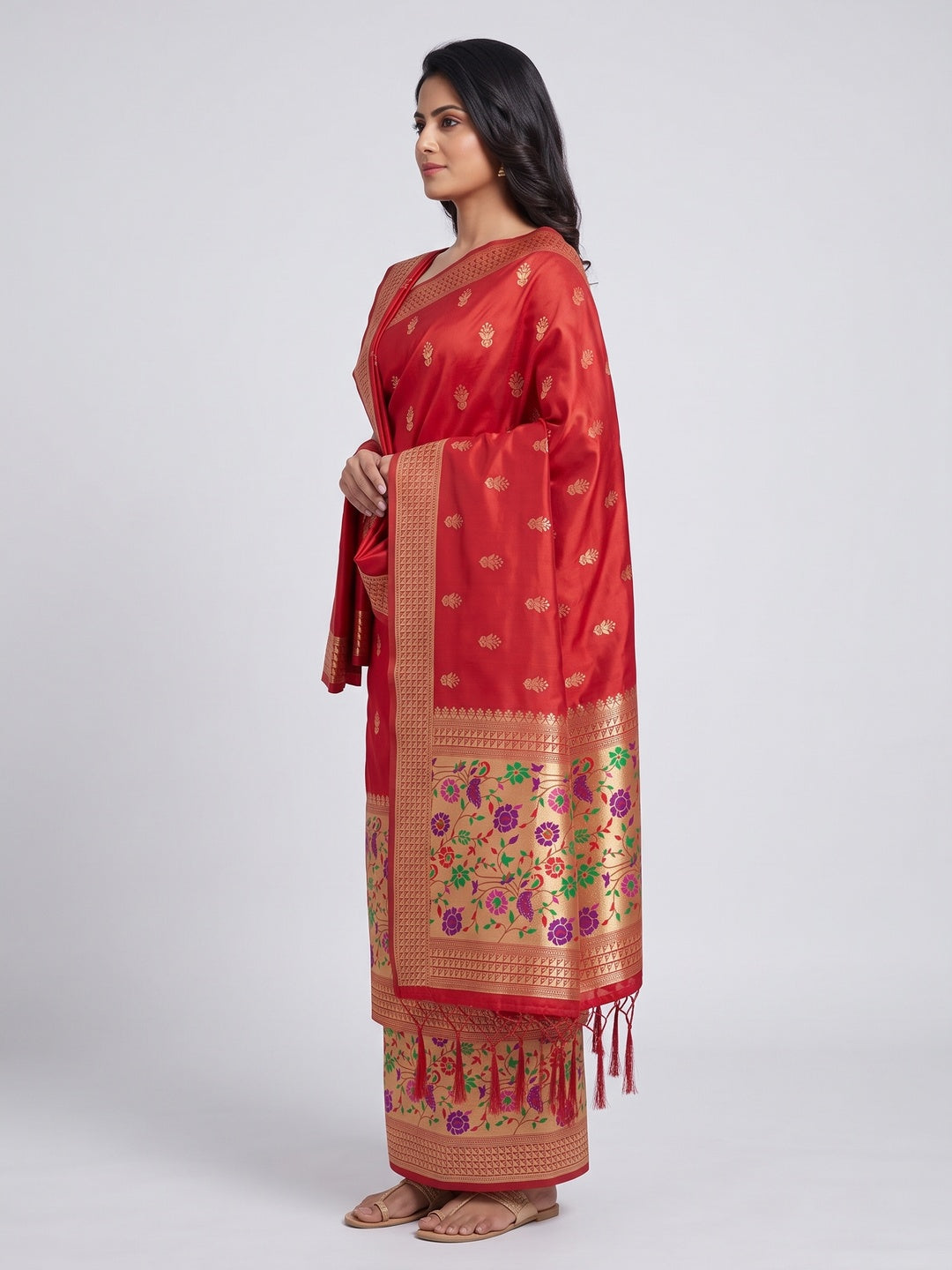 Red Floral Zari Woven Banarasi Silk Dress Material - Image 4