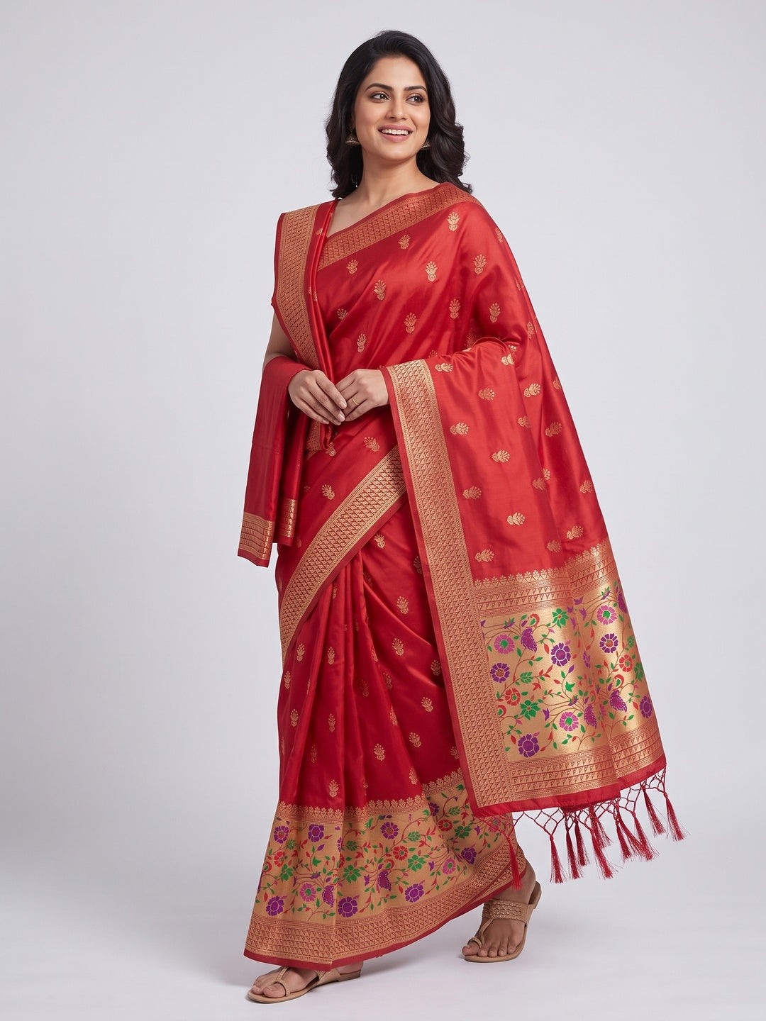 Red Floral Zari Woven Banarasi Silk Dress Material - Image 5