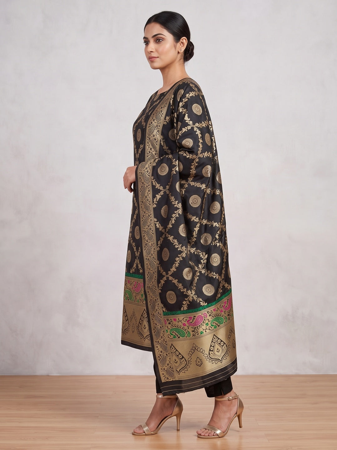 Black Zari Woven Banarasi Silk Dress Material With Elegant Floral Motifs - Image 2