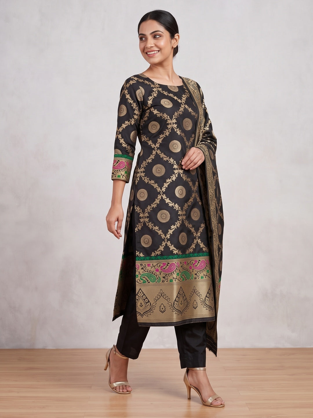 Black Zari Woven Banarasi Silk Dress Material With Elegant Floral Motifs - Image 3