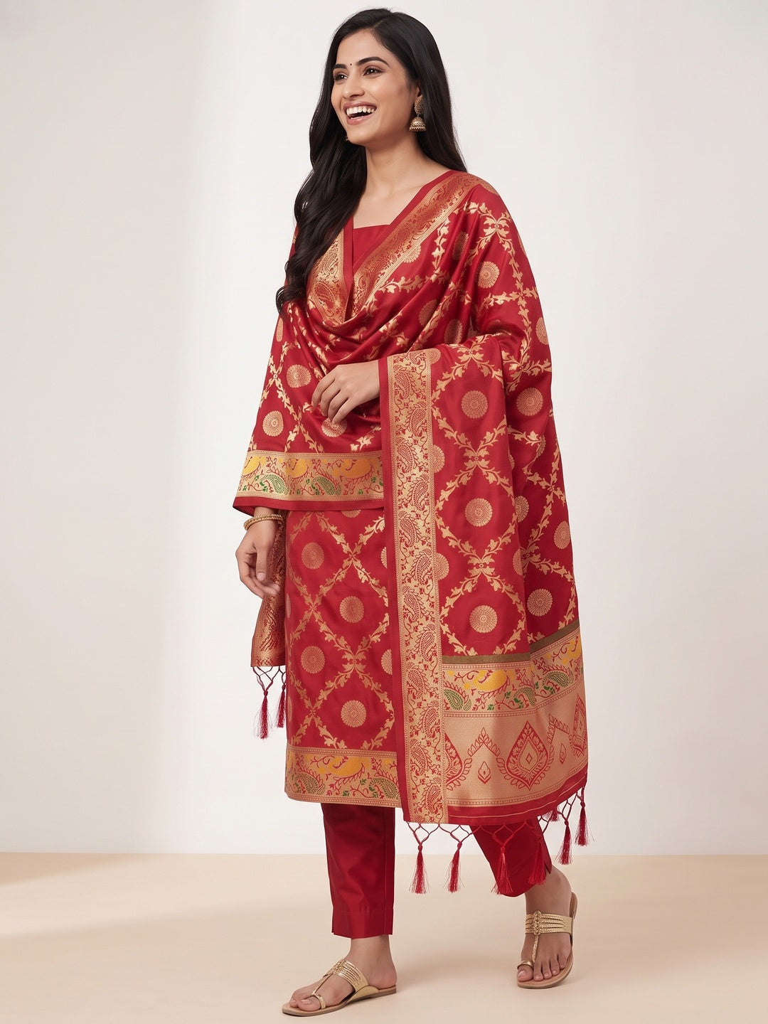 Red Zari Woven Banarasi Silk Dress Material With Elegant Floral Motifs - Image 4