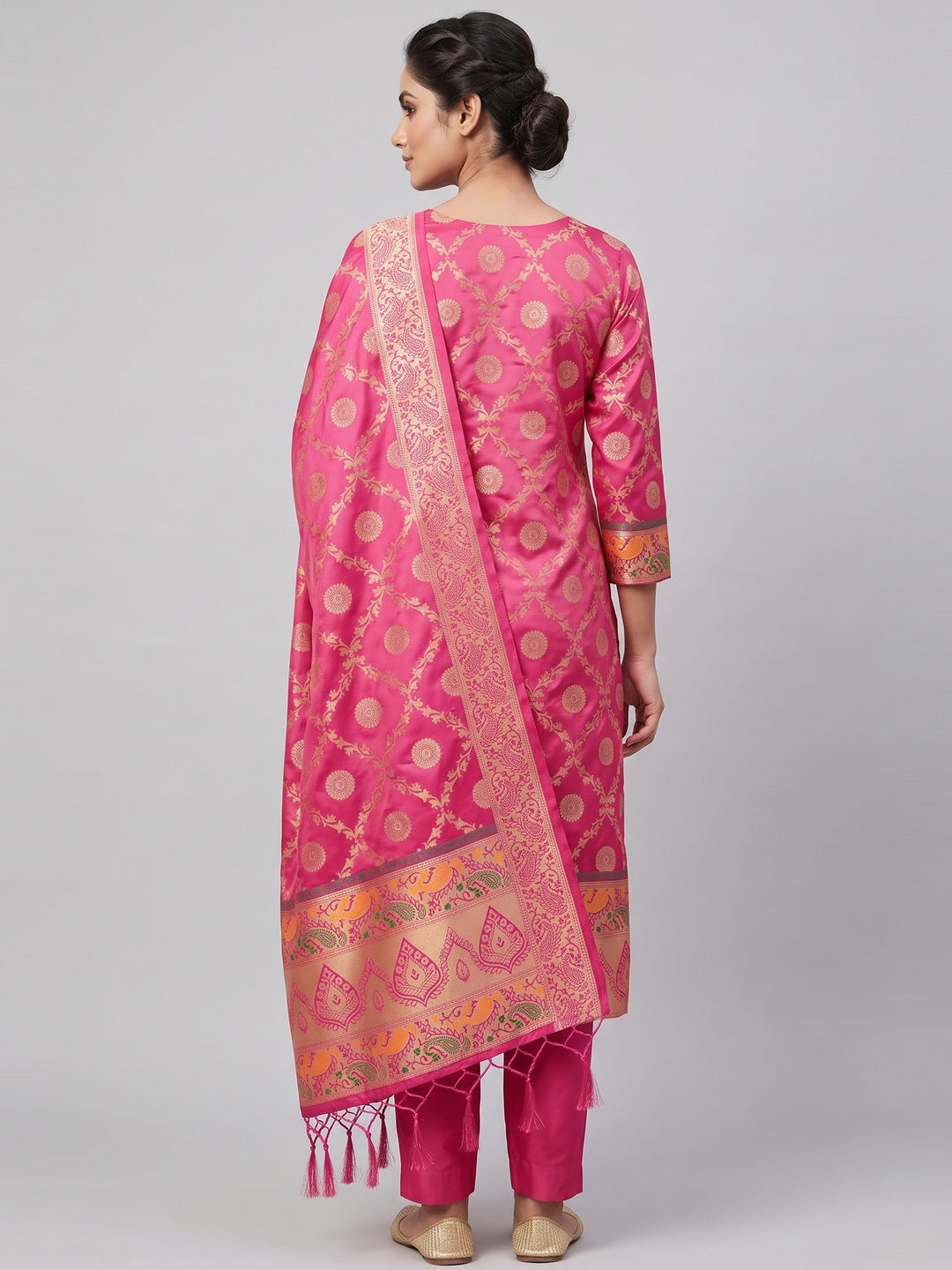 Pink Zari Woven Banarasi Silk Dress Material With Elegant Floral Motifs - Image 3