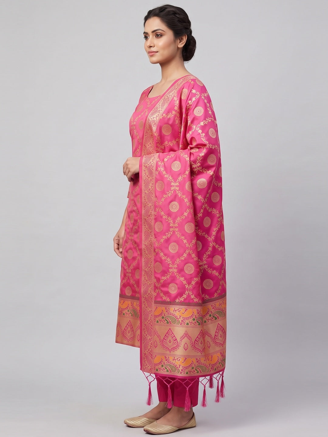 Pink Zari Woven Banarasi Silk Dress Material With Elegant Floral Motifs - Image 4