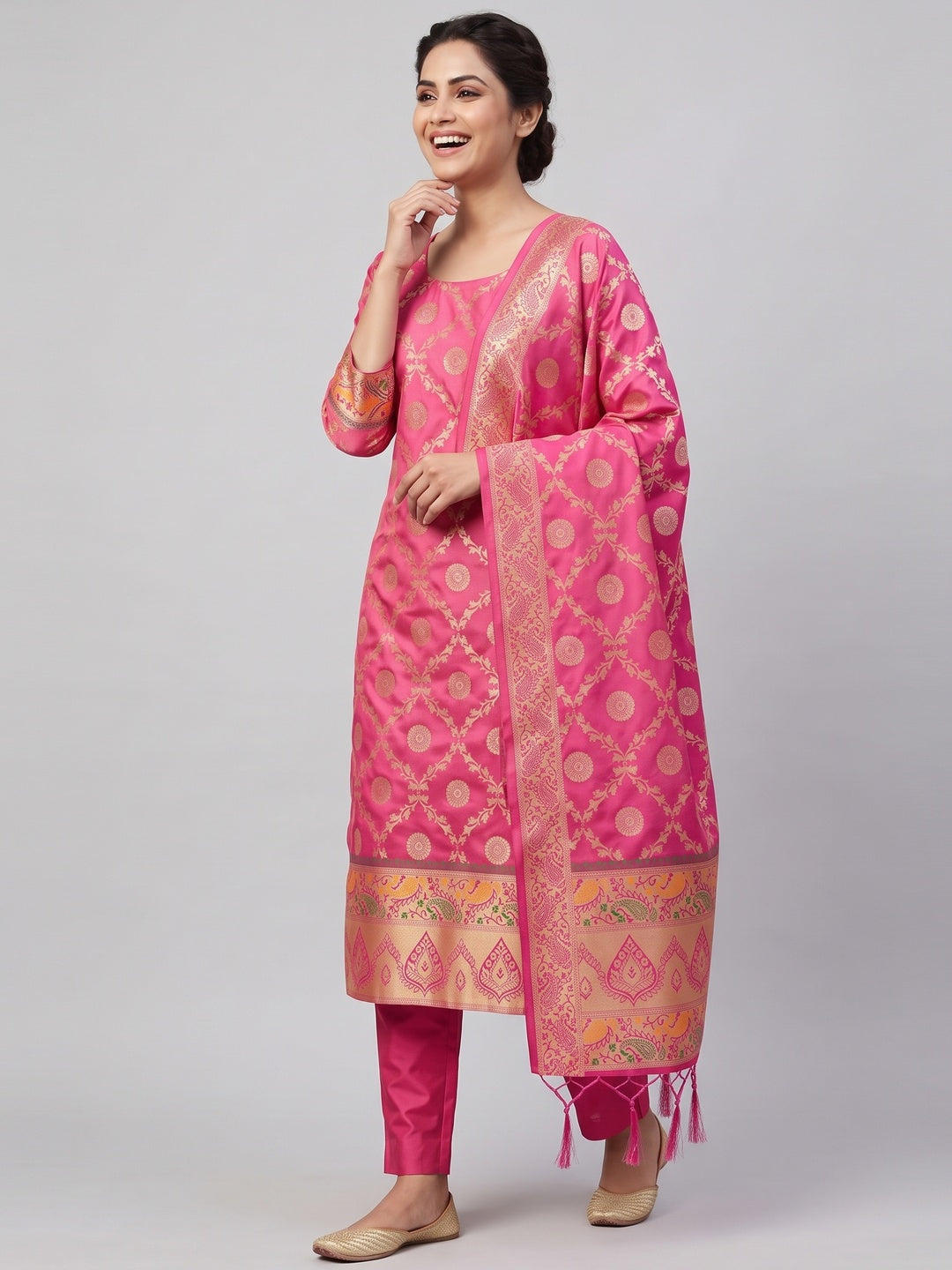 Pink Zari Woven Banarasi Silk Dress Material With Elegant Floral Motifs - Image 5