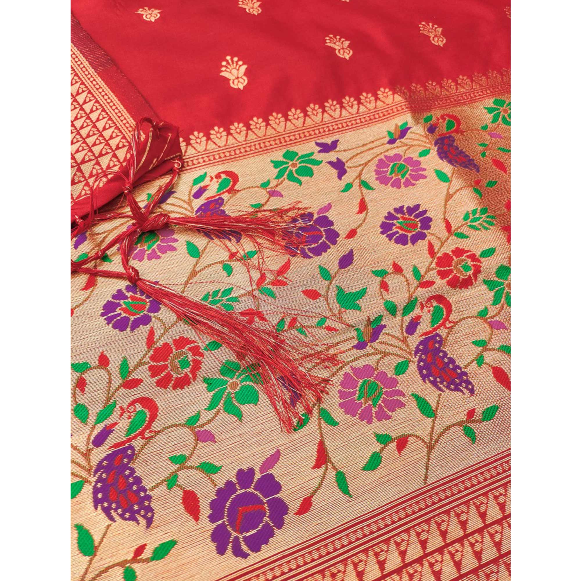 Red Floral Zari Woven Banarasi Silk Dress Material - Image 1