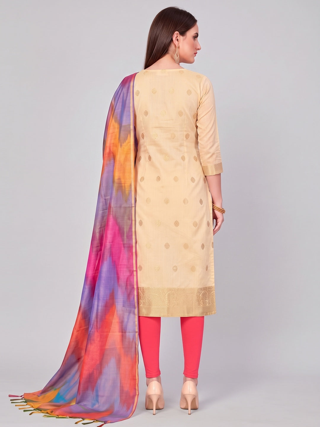 Gorgeous Cream Colored Casual Wear Woven Banarasi Silk Dress Material - Image 2