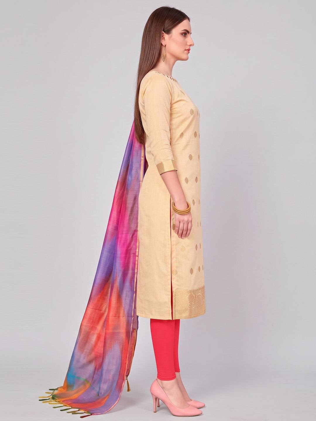 Gorgeous Cream Colored Casual Wear Woven Banarasi Silk Dress Material - Image 3