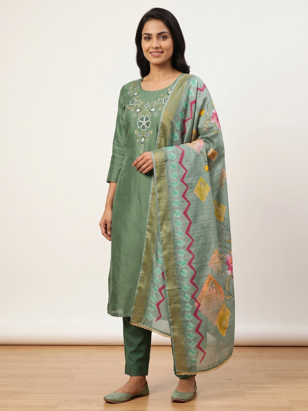 Green Embroidered Chanderi Silk Dress Material - Image 1