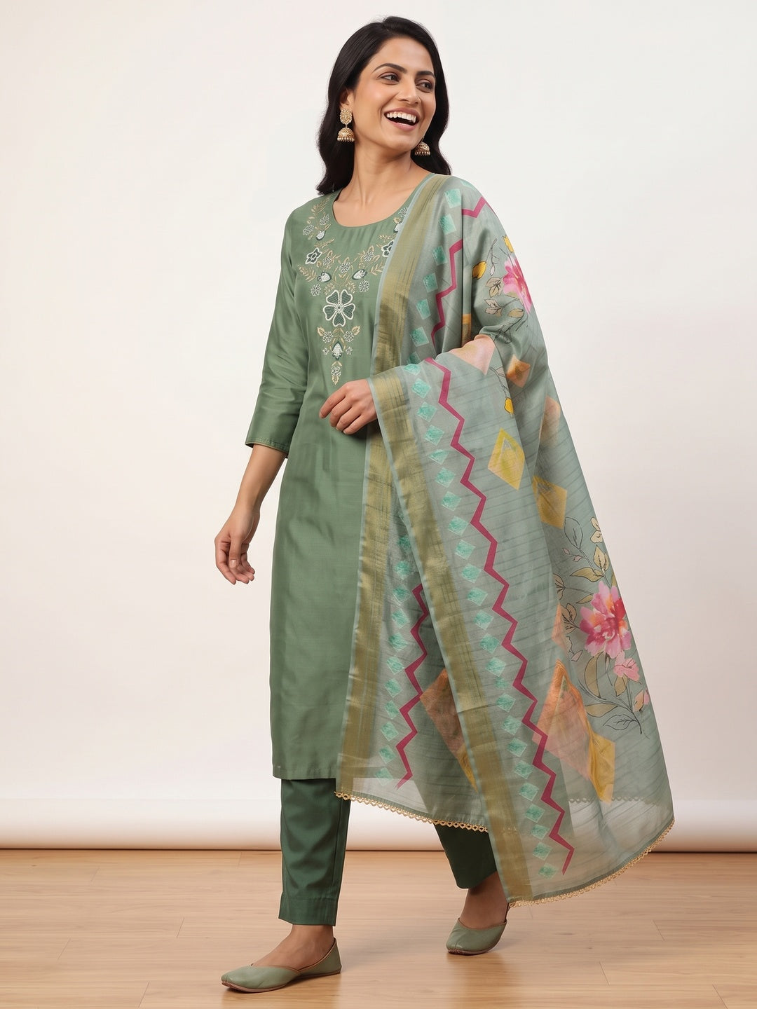 Green Embroidered Chanderi Silk Dress Material - Image 4