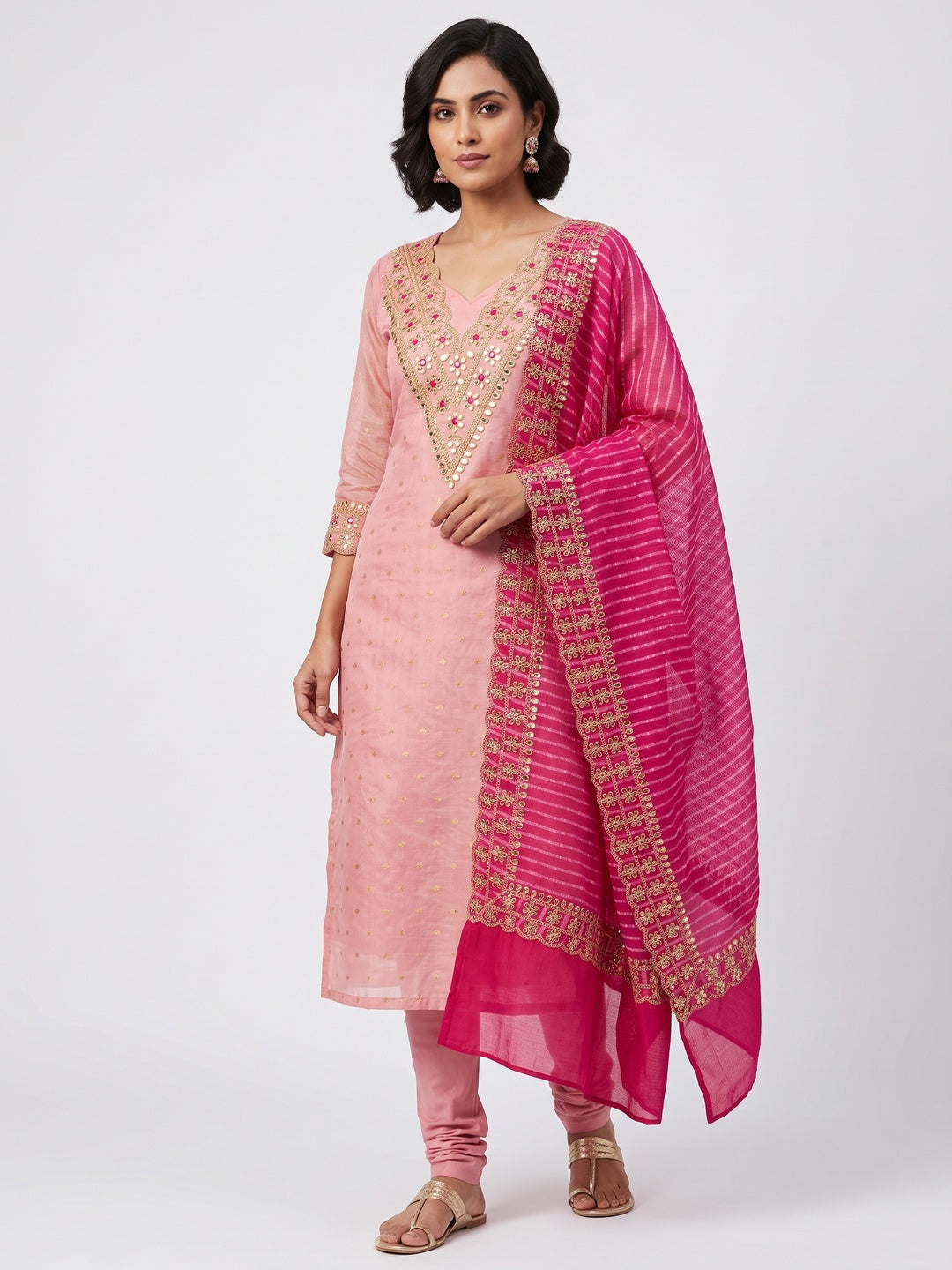 Pink Woven With Sequins Embroidery Chanderi Dress Material - Image 1