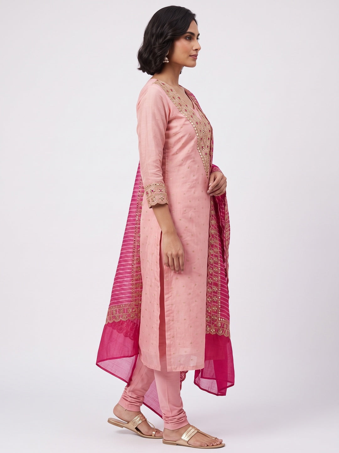Pink Woven With Sequins Embroidery Chanderi Dress Material - Image 2