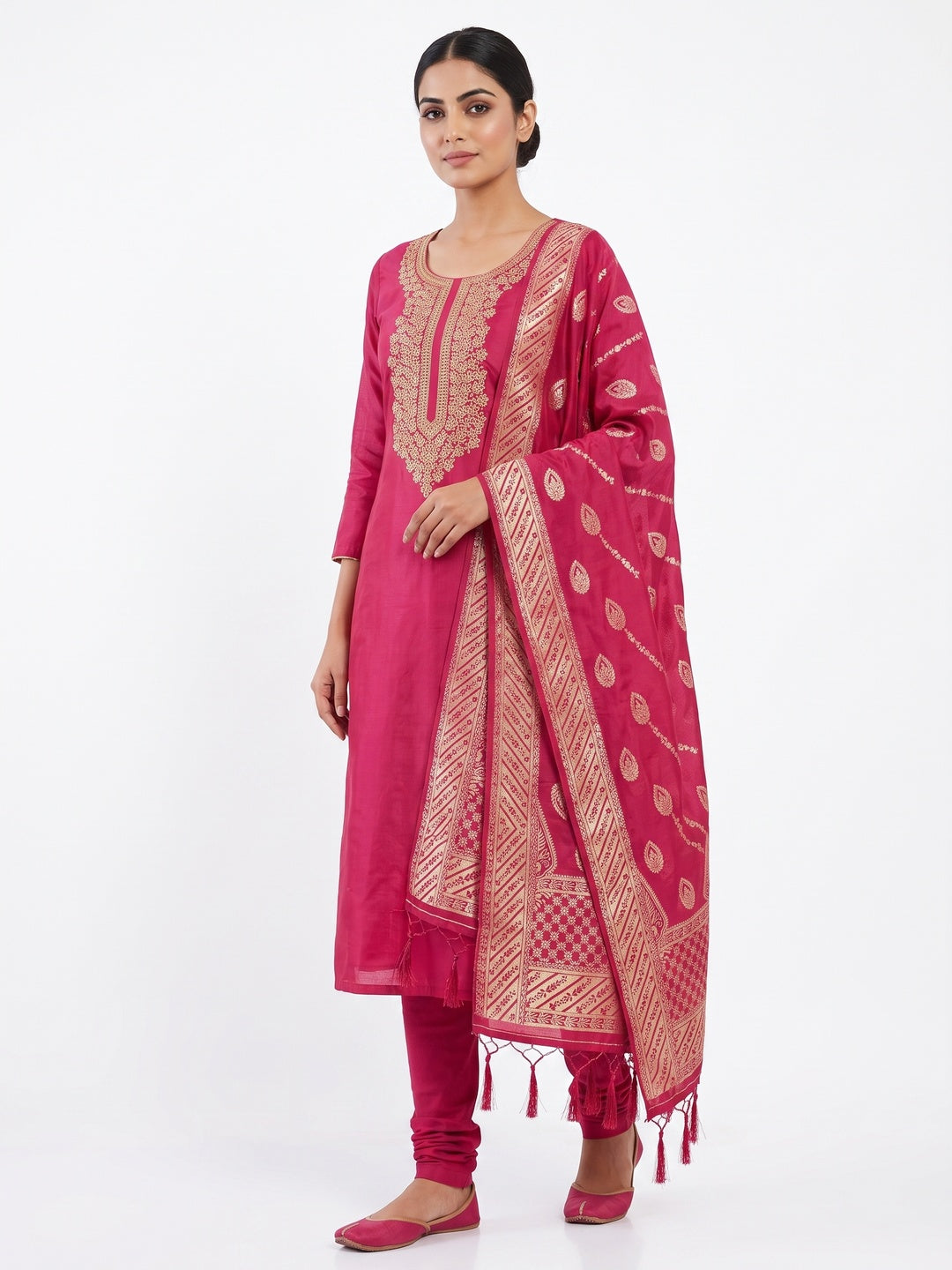 Pink Roman Chanderi Silk Dress Material With Elegant Floral & Cording Embroidery Work - Image 1