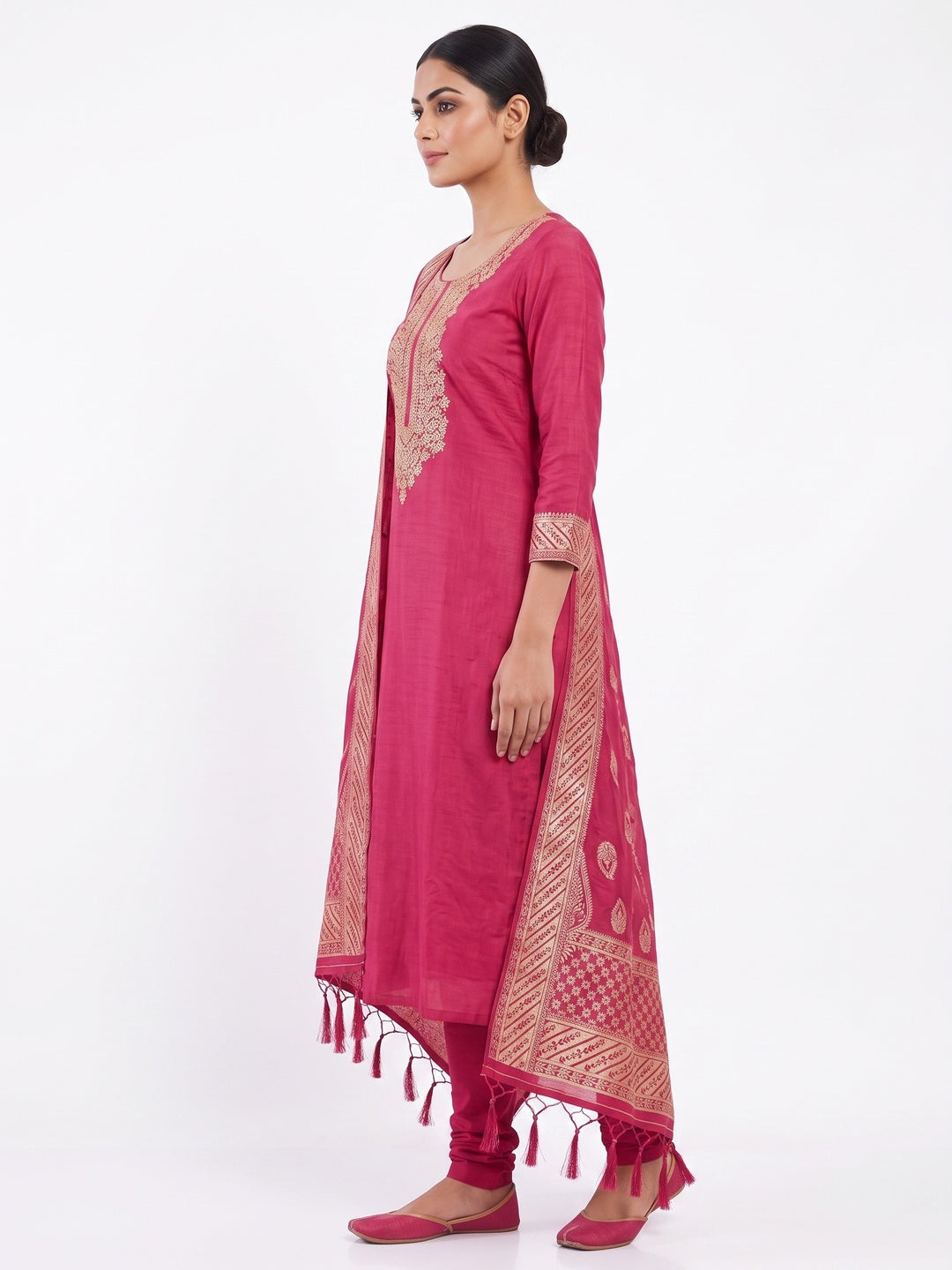 Pink Roman Chanderi Silk Dress Material With Elegant Floral & Cording Embroidery Work - Image 3