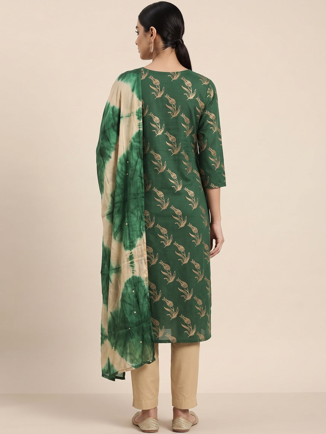Green Floral Printed Slub Cotton Dress Material - Image 2