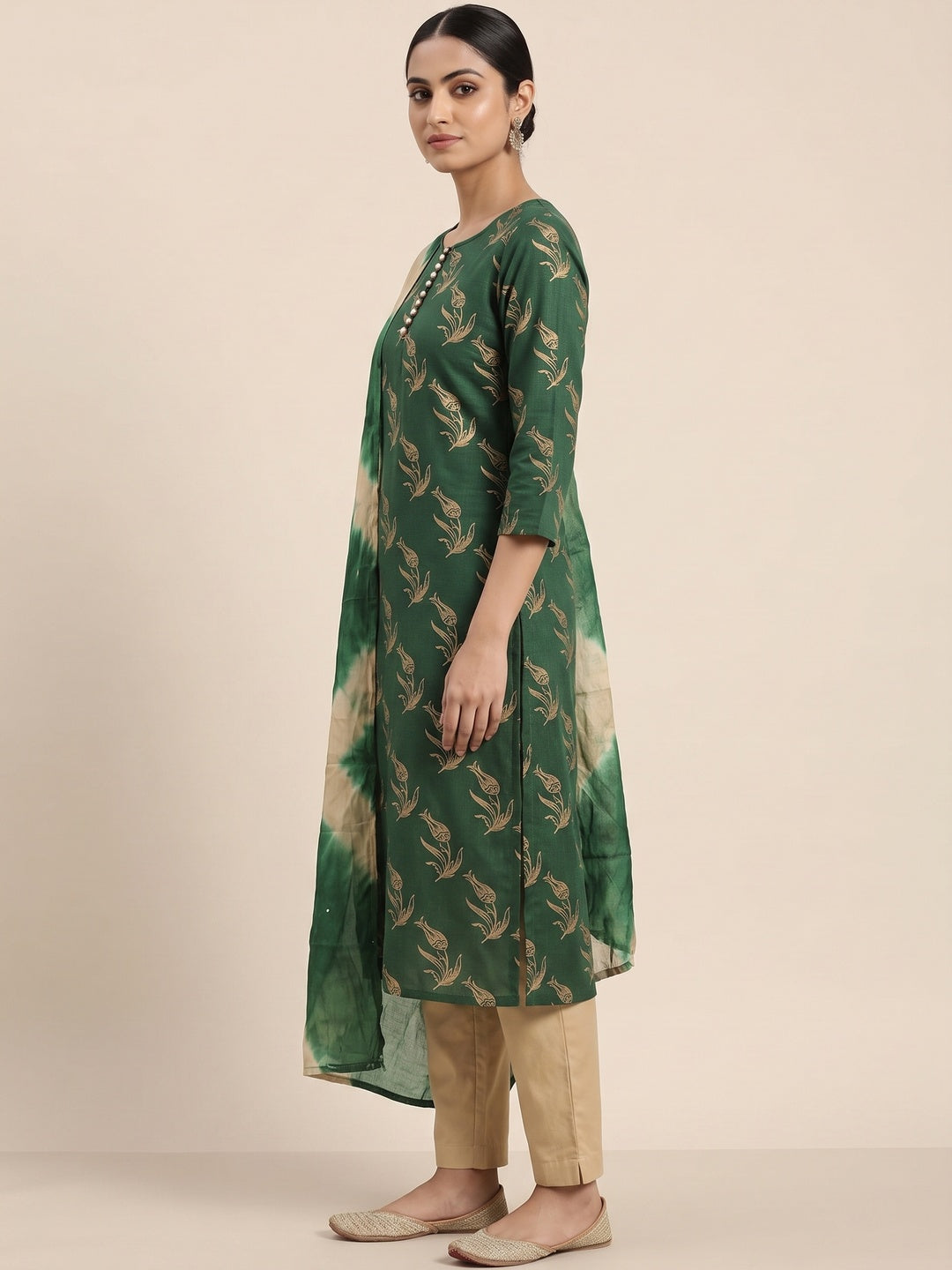 Green Floral Printed Slub Cotton Dress Material - Image 3