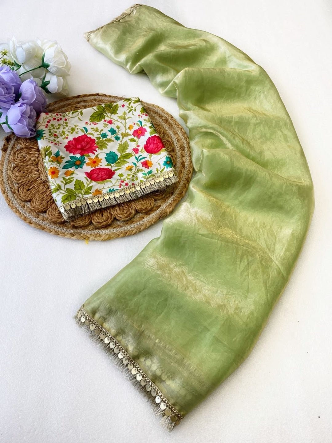 Peachmode Pista Green Two Tone Satin Saree - Image 3