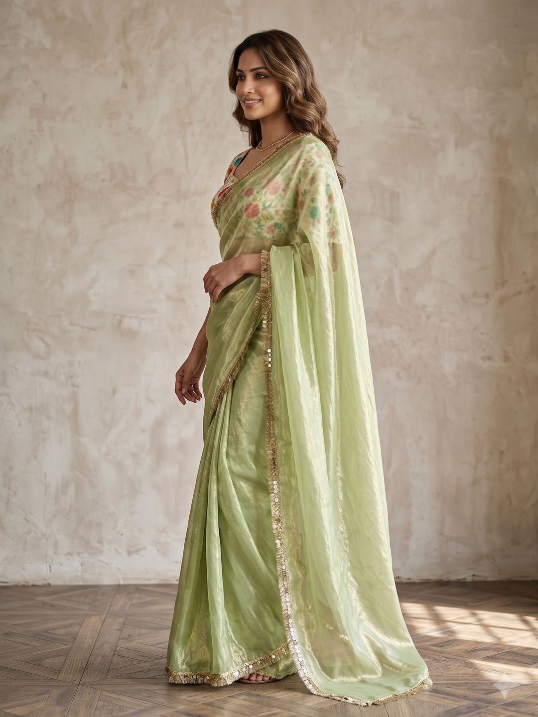 Peachmode Pista Green Two Tone Satin Saree - Image 4