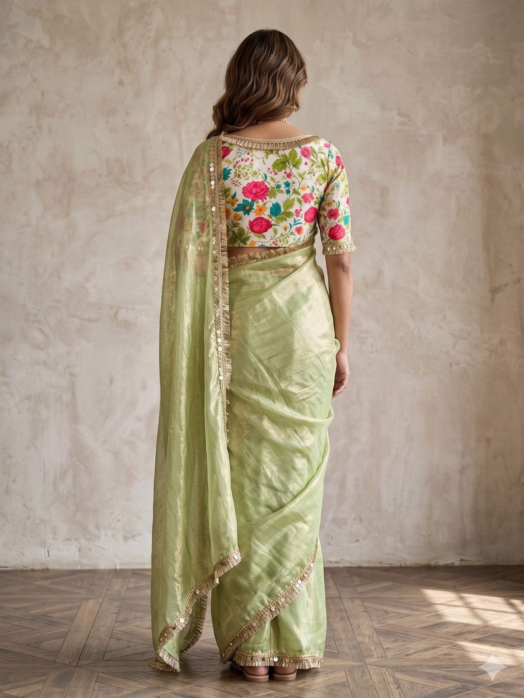 Peachmode Pista Green Two Tone Satin Saree - Image 5