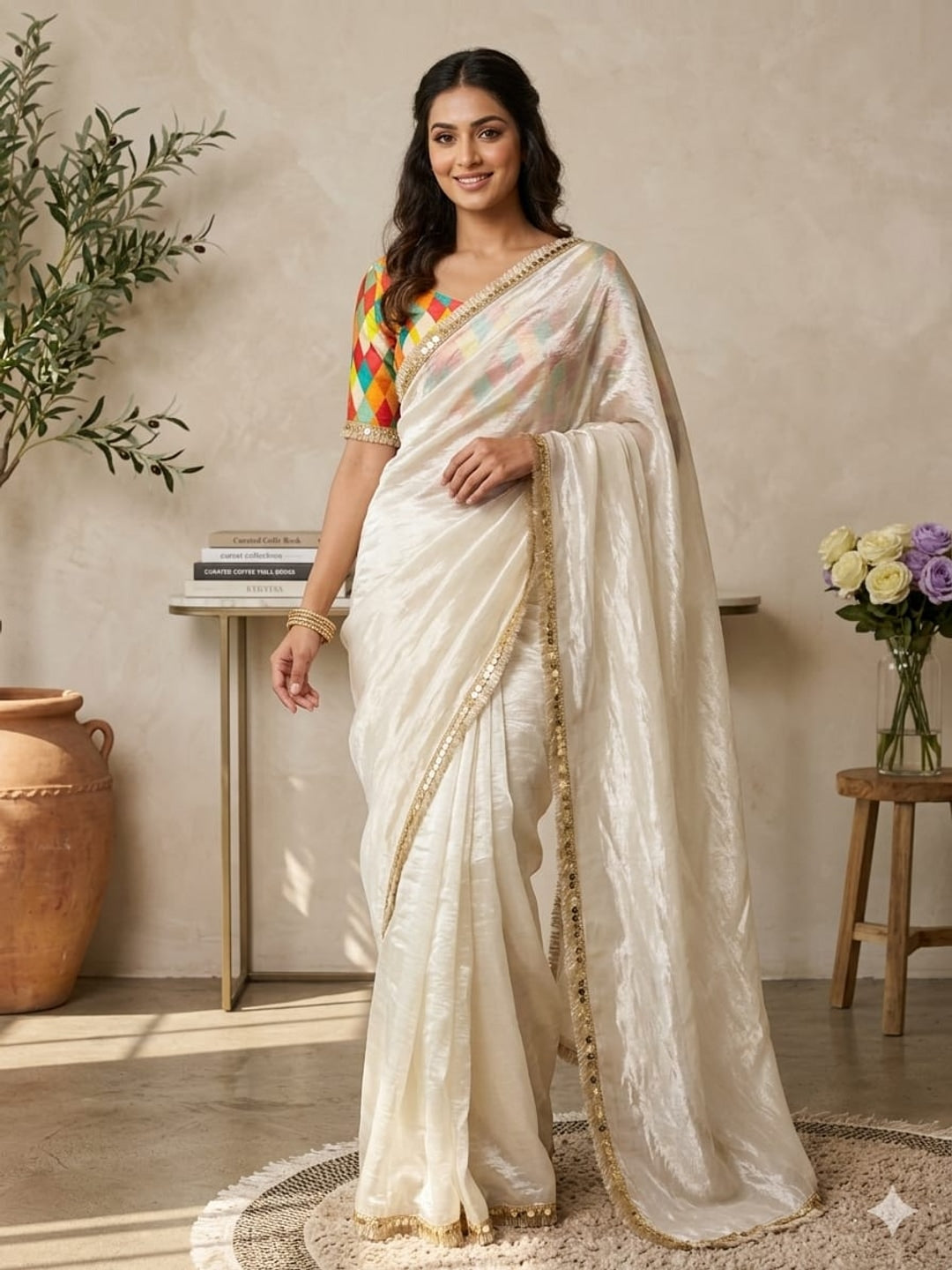 Peachmode Off White Two Tone Satin Saree - Image 1