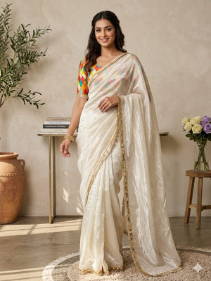 Peachmode Off White Two Tone Satin Saree - Image 1