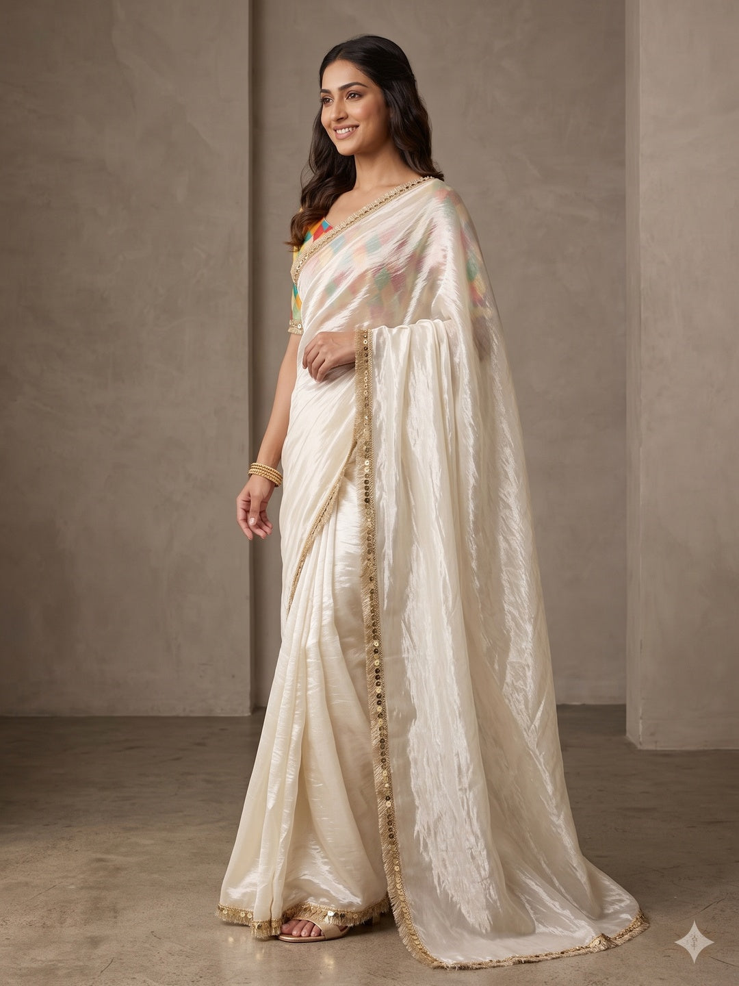 Peachmode Off White Two Tone Satin Saree - Image 4
