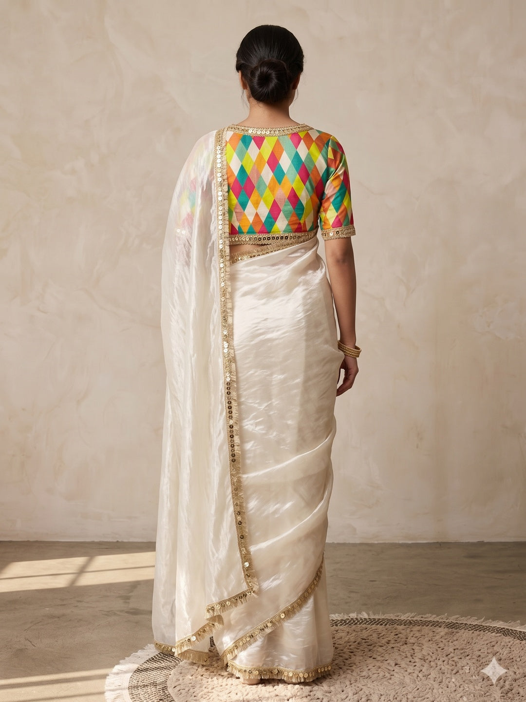 Peachmode Off White Two Tone Satin Saree - Image 5