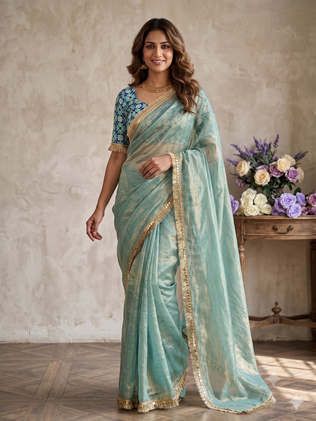 Peachmode Aqua Two Tone Satin Saree - Image 1