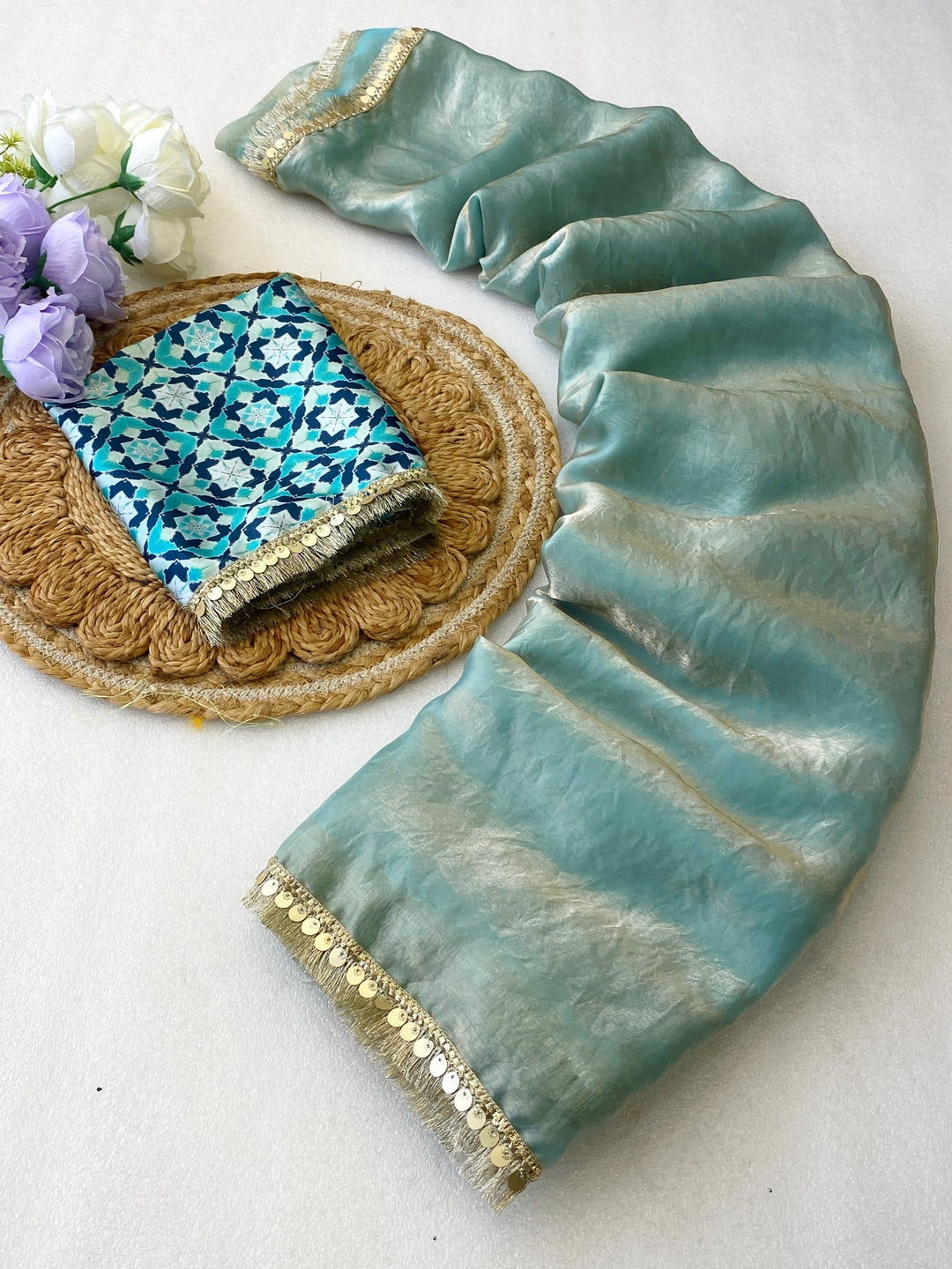 Peachmode Aqua Two Tone Satin Saree - Image 2