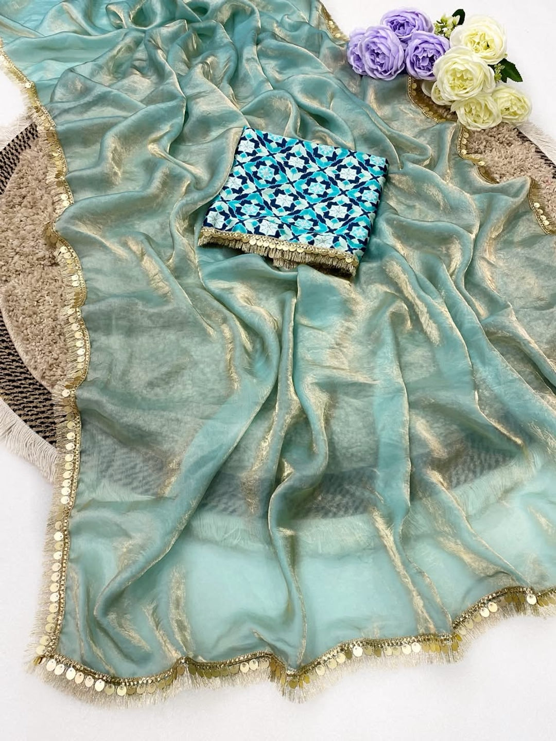 Peachmode Aqua Two Tone Satin Saree - Image 3