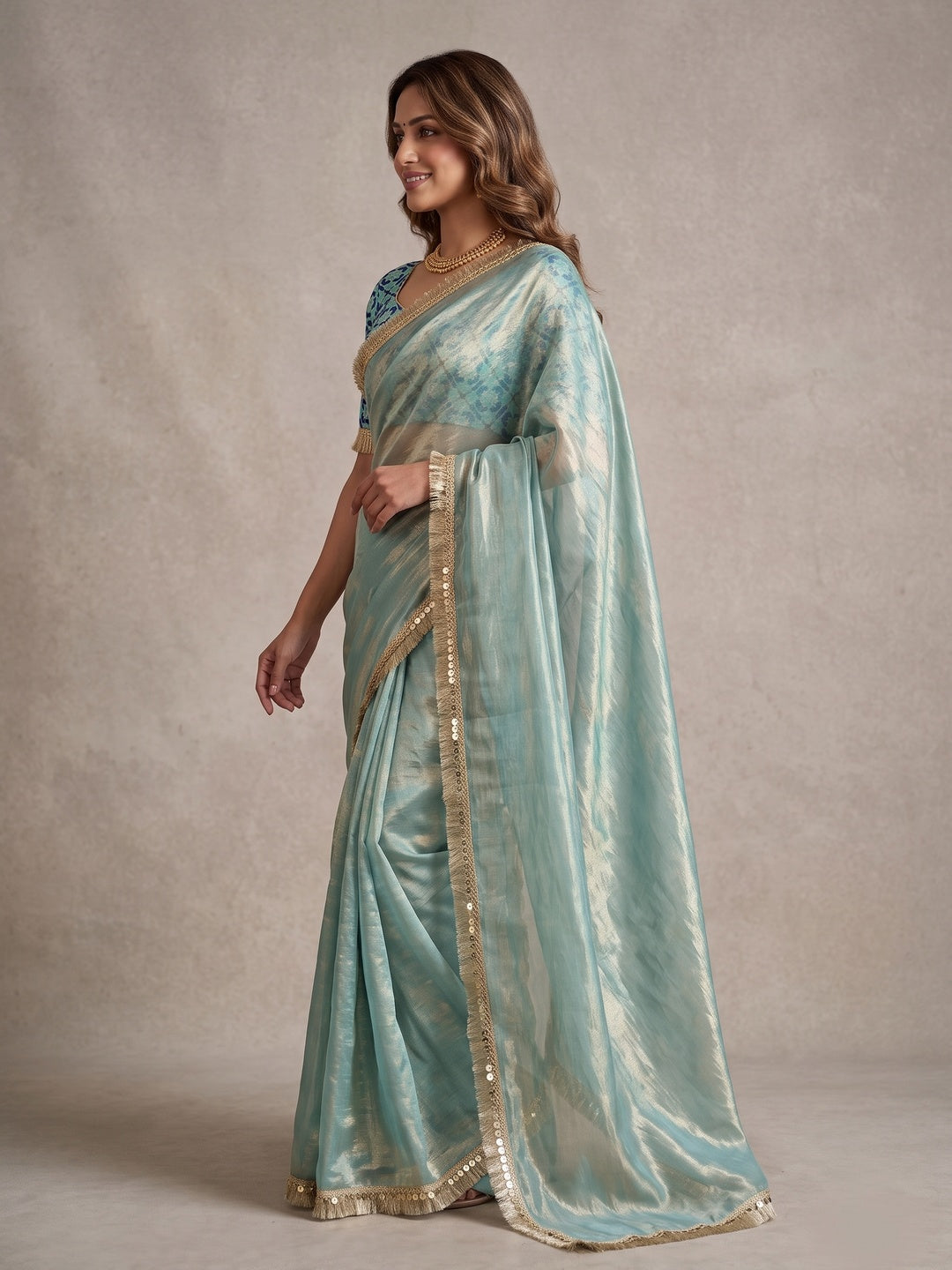 Peachmode Aqua Two Tone Satin Saree - Image 4